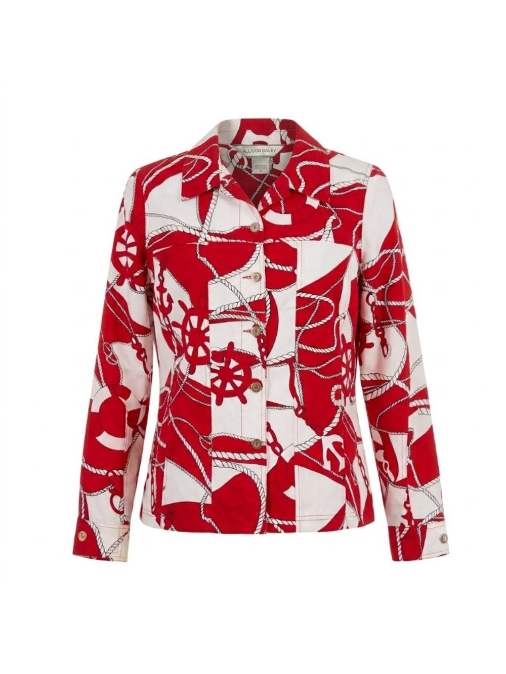 Allison Daley Red White Nautical Print Button-Up Jacket Size 16 Long Sleeve